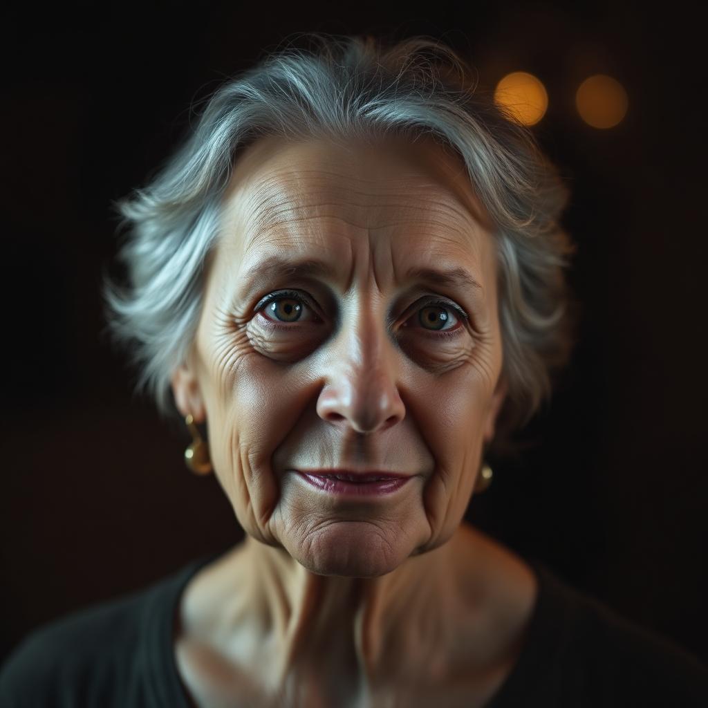 Retrato da Denise Sant'Anna com olhar direto, fundo escuro